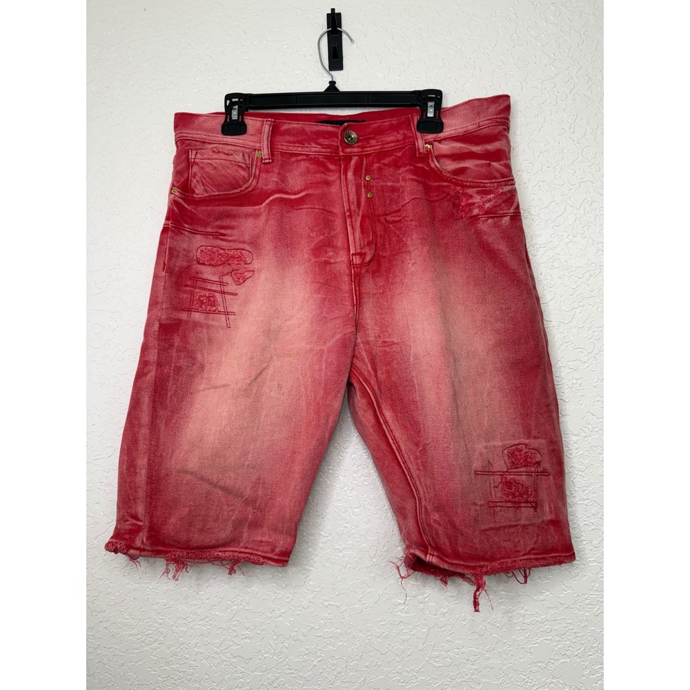 AKOO Mens 34 Red Acid Wash Distressed Denim Shorts Standard Fit Raw Hem